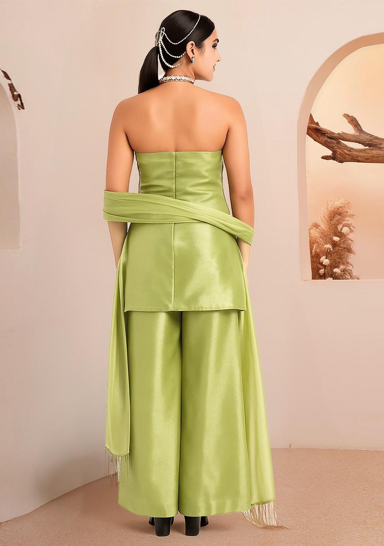 Lime Green Solid Organza Kurta Set - Indya