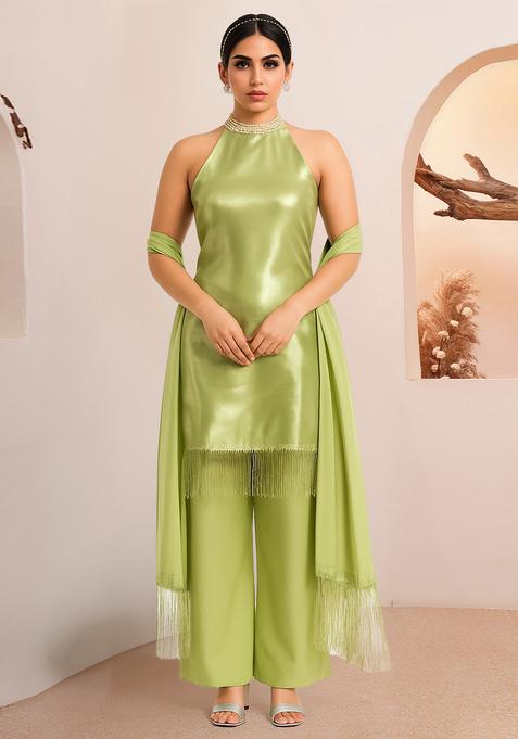 Lime Green Solid Organza Kurta Set