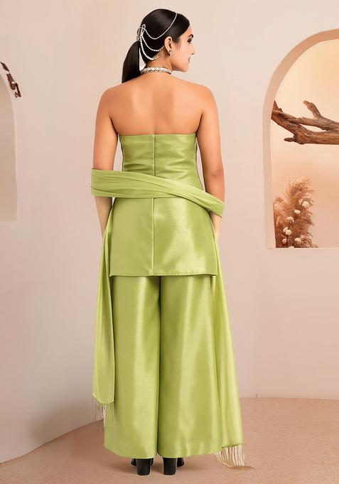 Lime Green Solid Organza Kurta Set