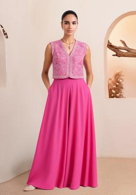 Pink Embroidered Georgette Fusion Set