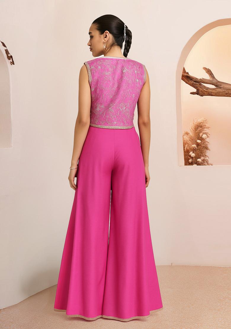 Pink Embroidered Georgette Fusion Set - Indya