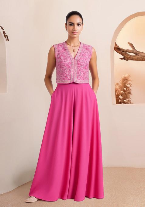 Pink Embroidered Georgette Fusion Set