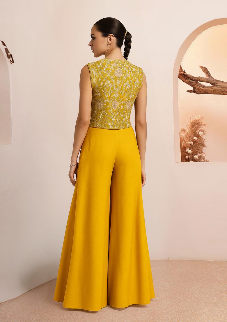 Yellow Embroidered Georgette Fusion Set - Indya