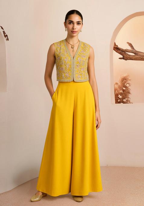 Yellow Embroidered Georgette Fusion Set