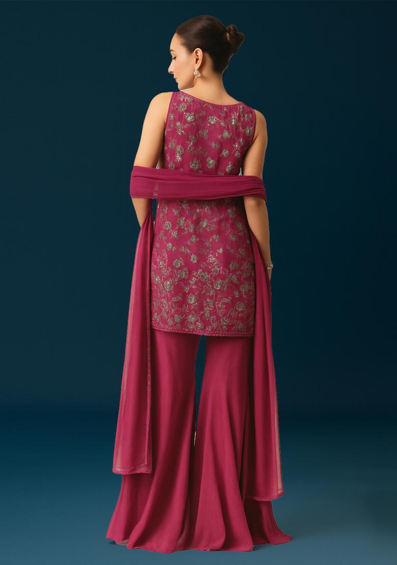 Pink Embroidered Georgette Kurta Set - Indya