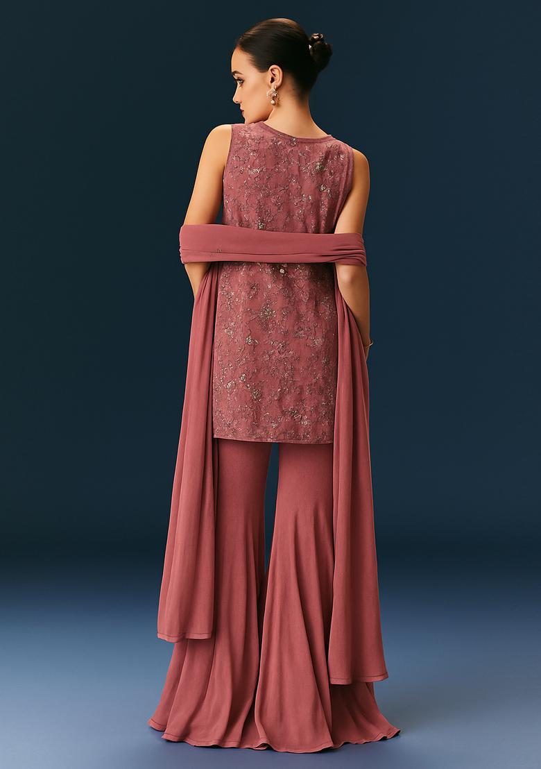 Pink Embroidered Georgette Kurta Set - Indya