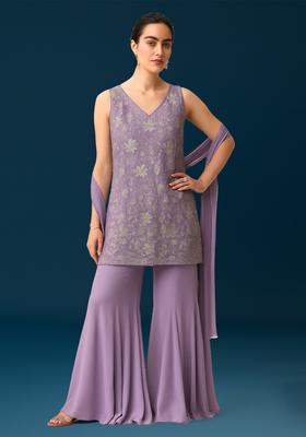 Purple Embroidered Georgette Kurta Set