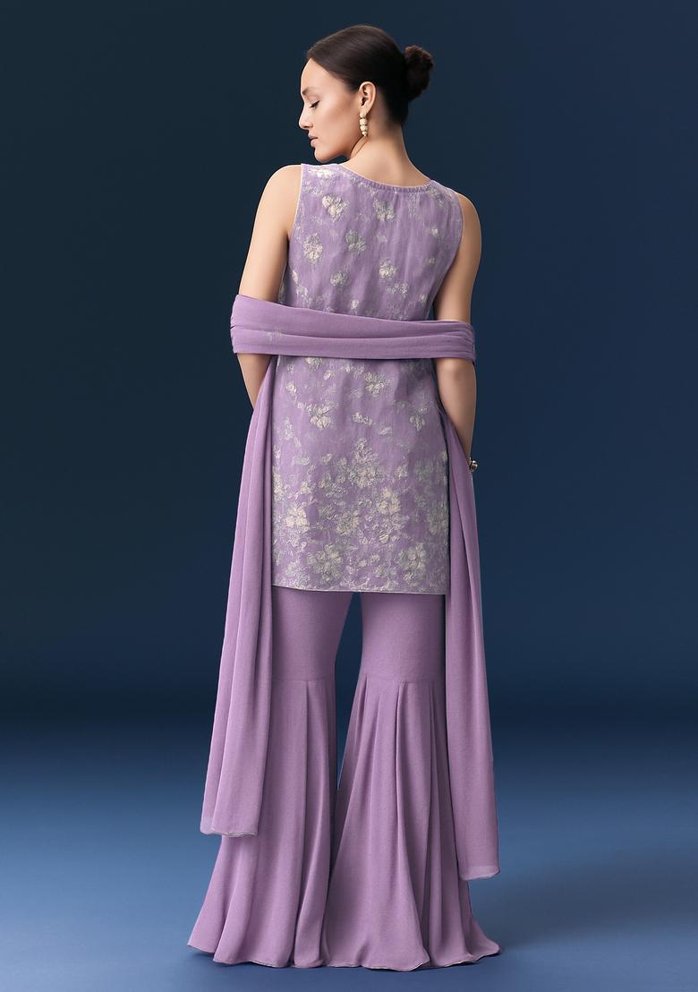 Purple Embroidered Georgette Kurta Set - Indya