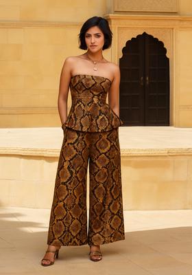 Brown Printed Polyester Kurta Set