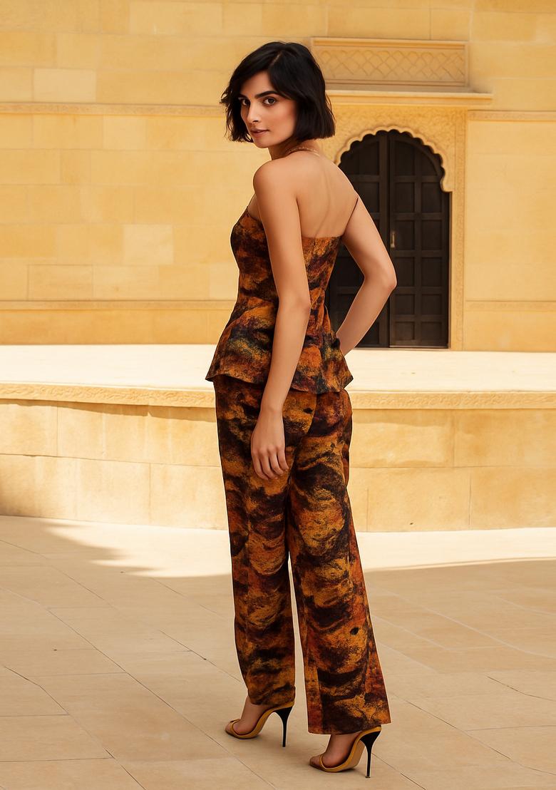 Brown Printed Polyester Kurta Set - Indya