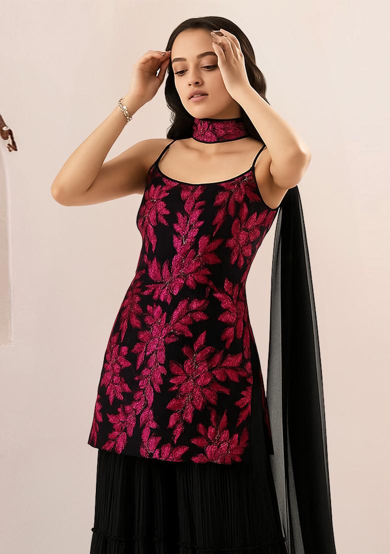 Black And Pink Embroidered Georgette Sharara Set - Indya
