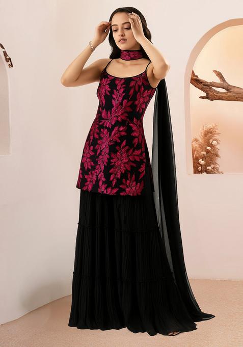 Black And Pink Embroidered Georgette Sharara Set