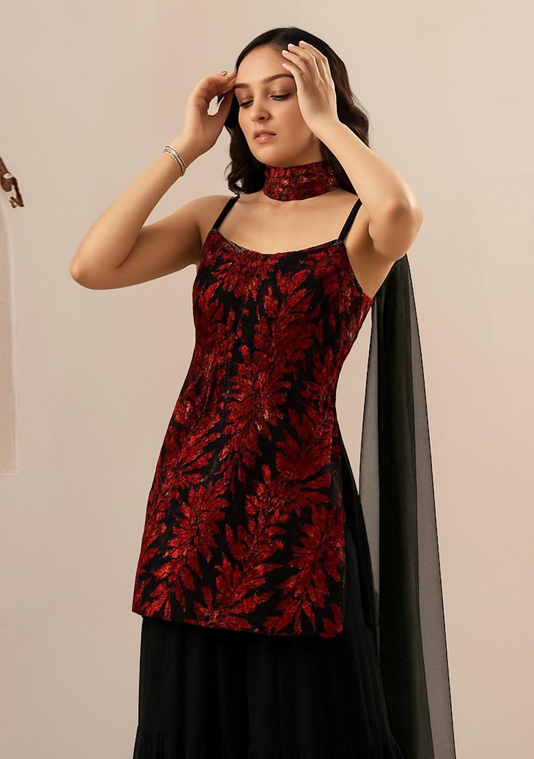 Black And Red Embroidered Georgette Sharara Set - Indya