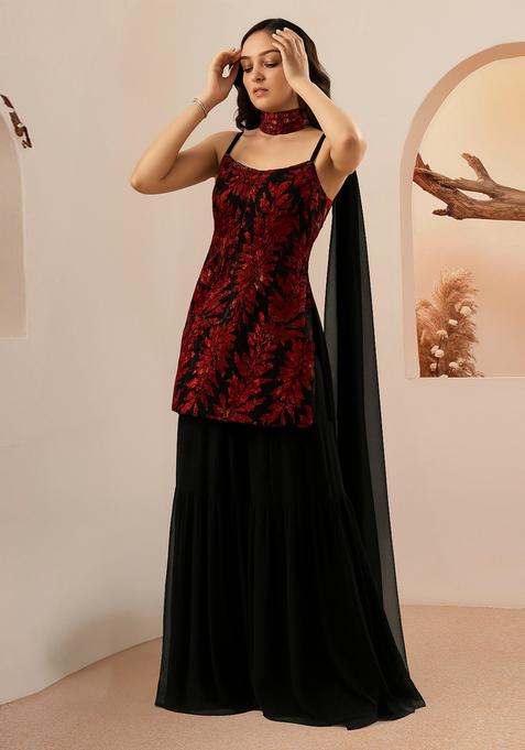 Black And Red Embroidered Georgette Sharara Set