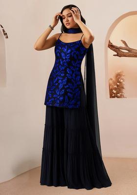 Black And Blue Embroidered Georgette Sharara Set