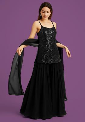 Black Sequence Embroidery Georgette Sharara Set