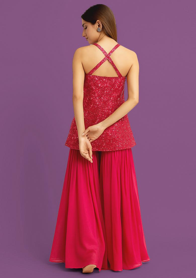 Pink Sequence Embroidery Georgette Sharara Set - Indya