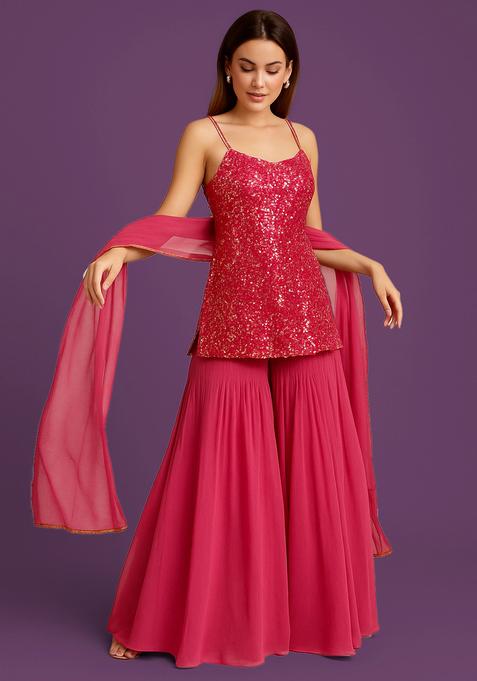 Pink Sequin Embroidery Georgette Sharara Set