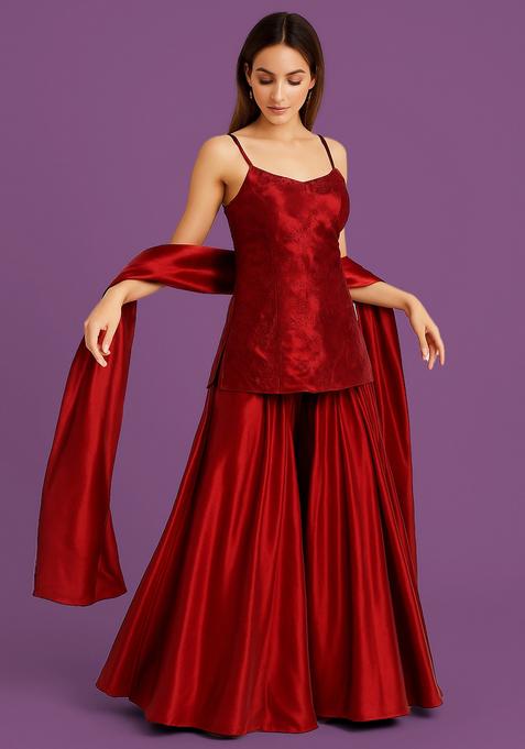 Red Solid Oragnza Sharara Set