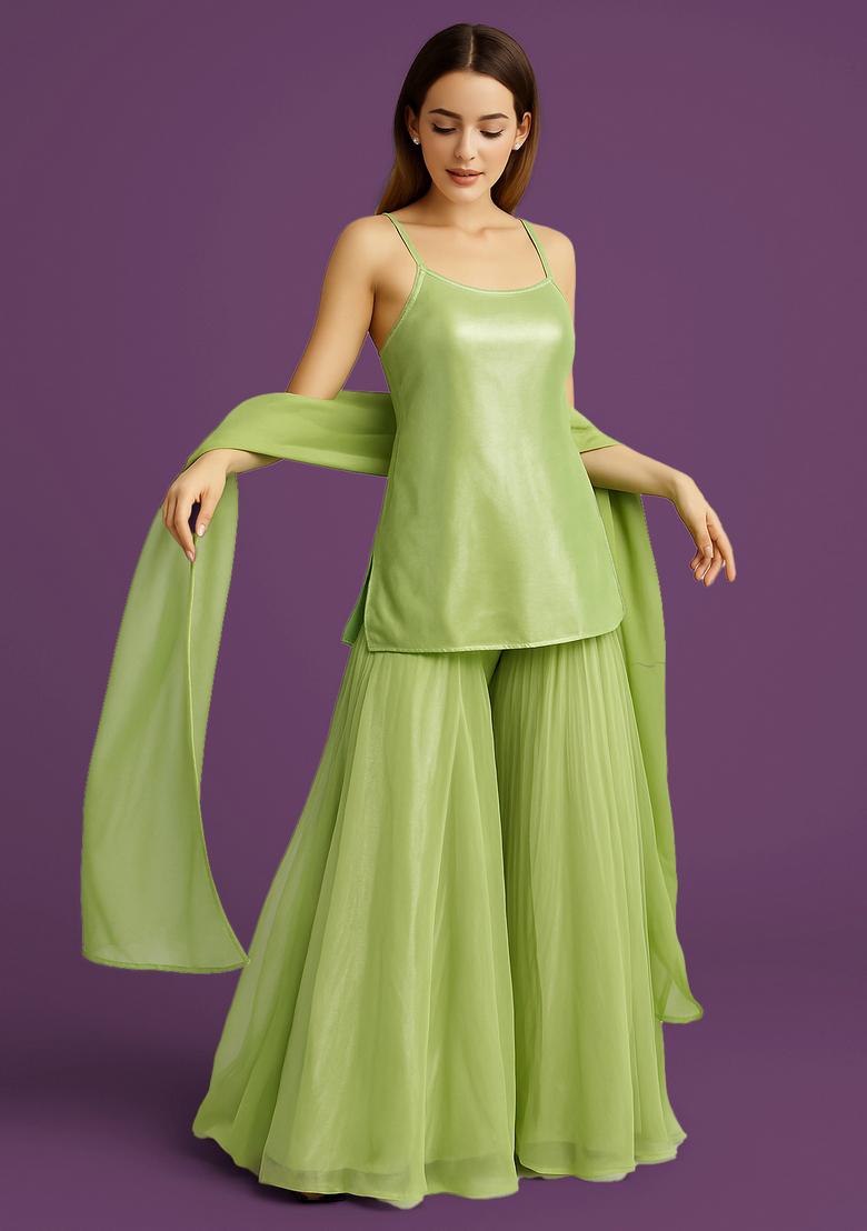 Green Solid Oragnza Sharara Set
