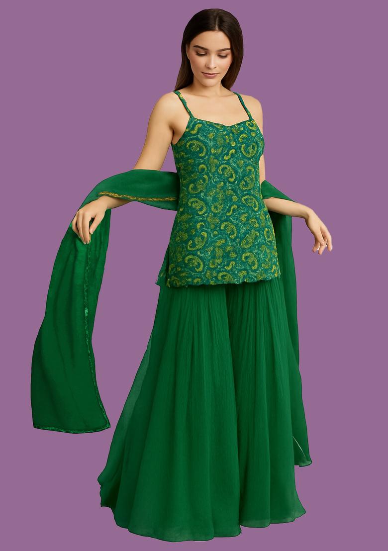 Green Embroidered Jacqurad Sharara Set