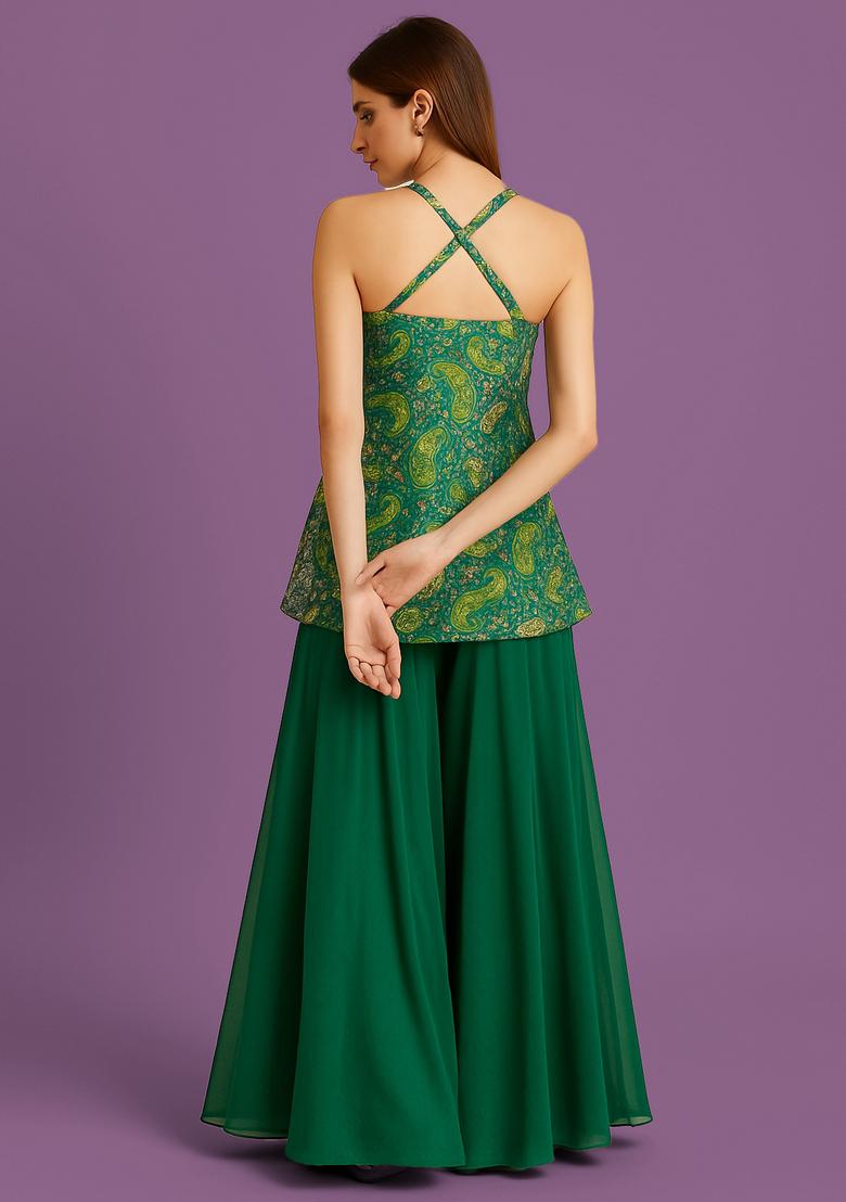 Green Embroidery Jacqurad Sharara Set - Indya