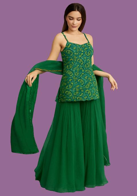 Green Embroidered Jacqurad Sharara Set