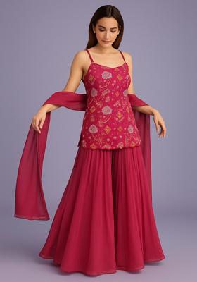Pink Embroidery Jacqurad Sharara Set