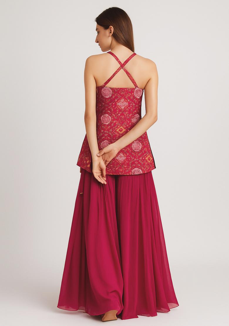 Pink Embroidery Jacqurad Sharara Set - Indya