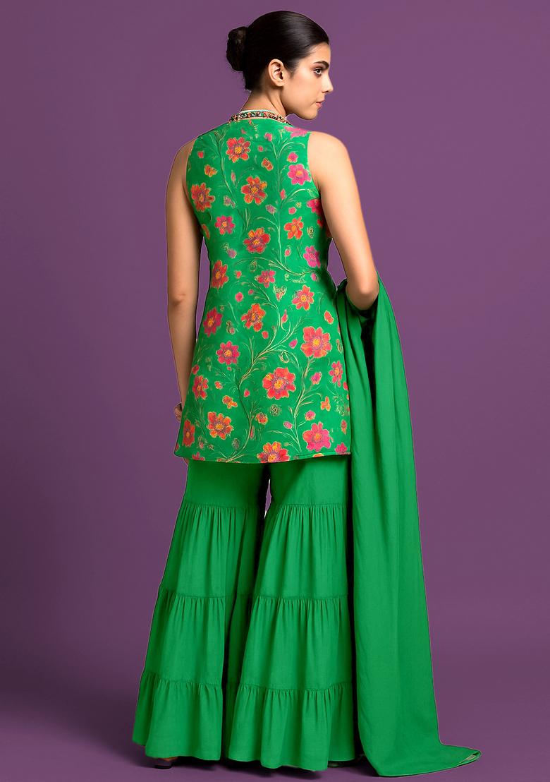 Green Embroidery Crepe Sharara Set - Indya