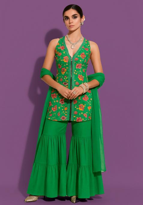Green Embroidered Crepe Sharara Set