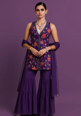 Voilet Embroidery Crepe Sharara Set