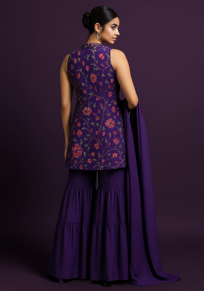 Voilet Embroidery Crepe Sharara Set - Indya