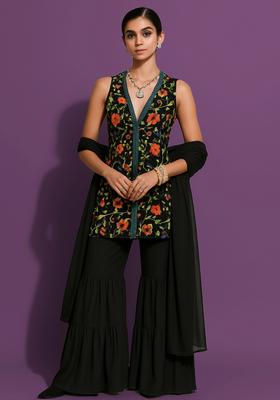 Black Embroidery Crepe Sharara Set