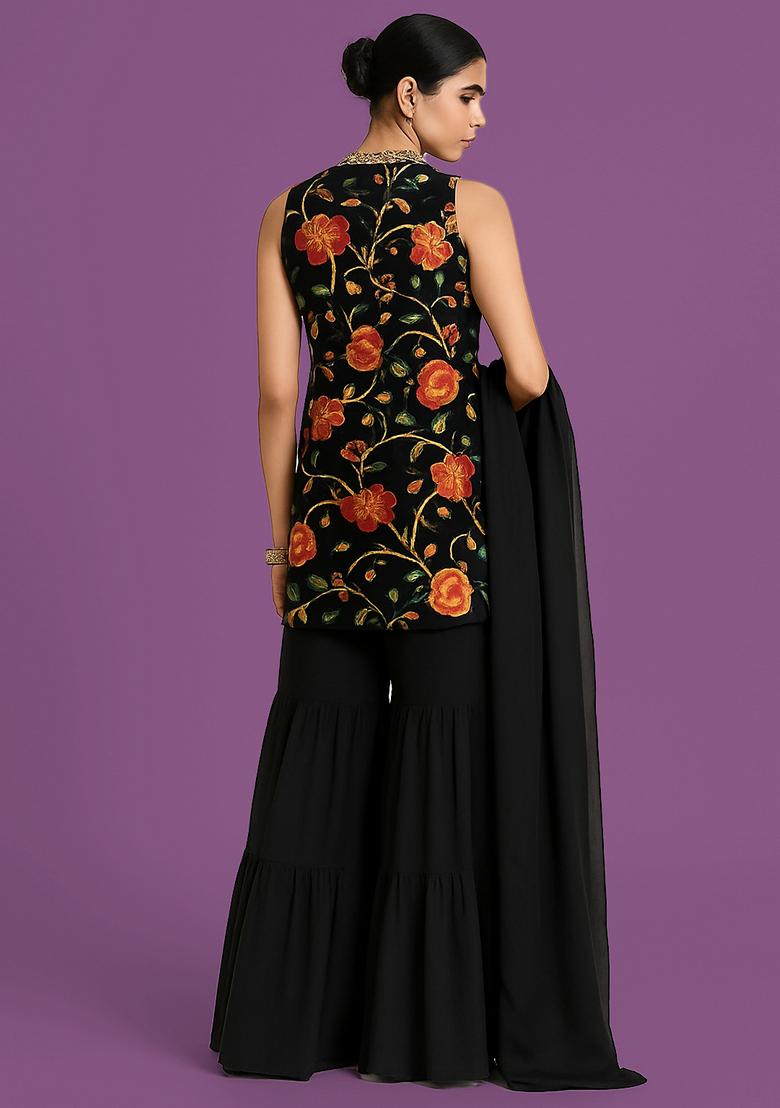 Black Embroidery Crepe Sharara Set - Indya