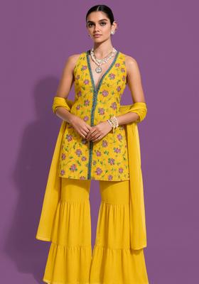 Yellow Embroidery Crepe Sharara Set