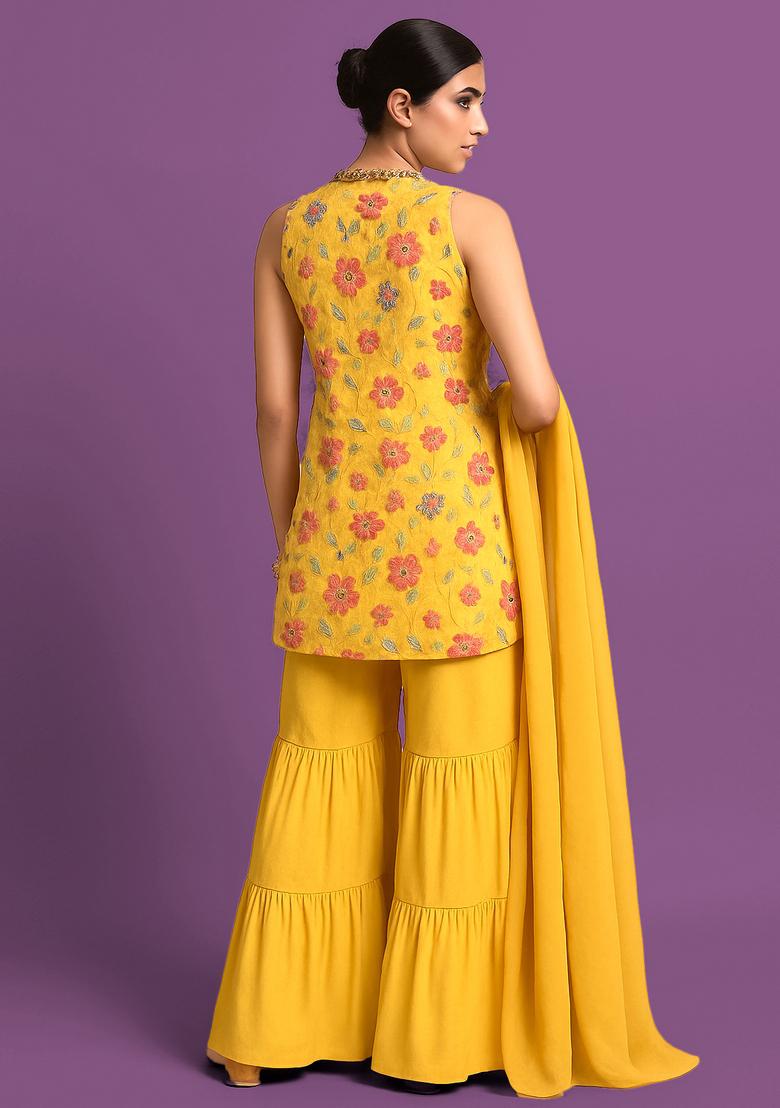 Yellow Embroidery Crepe Sharara Set - Indya