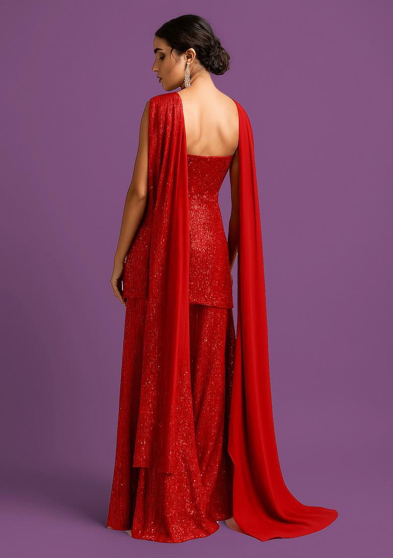 Ruby Sequin Net Sharara Set - Indya