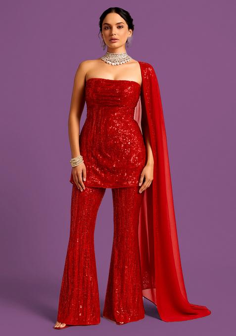 Ruby Sequin Net Sharara Set