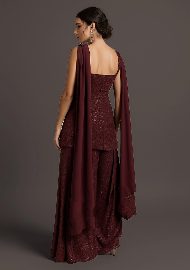 Wine Weaving Knit Sharara Set