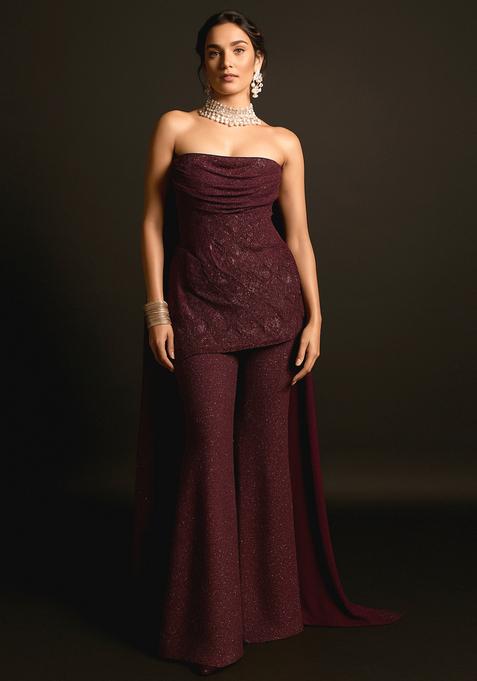 Wine Weaving Knit Sharara Set