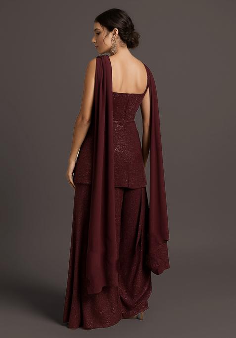 Wine Weaving Knit Sharara Set