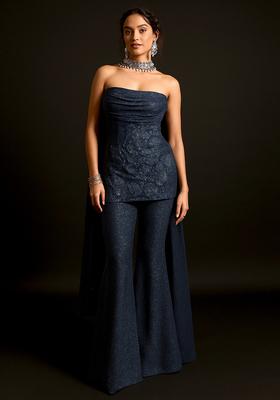 Blue Weaving Knit Sharara Set