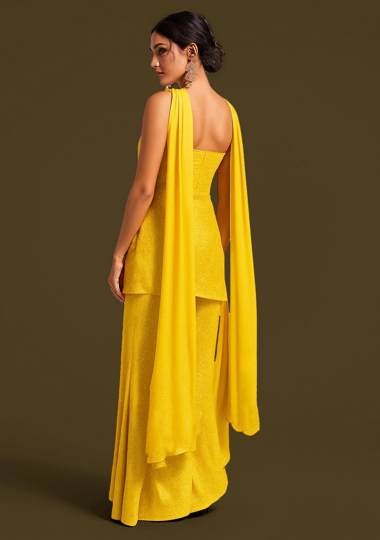 Yellow Foil Printed Knit Sharara Set - Indya