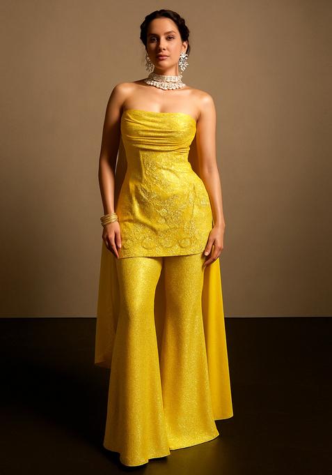 Yellow Foil Printed Sharara Set