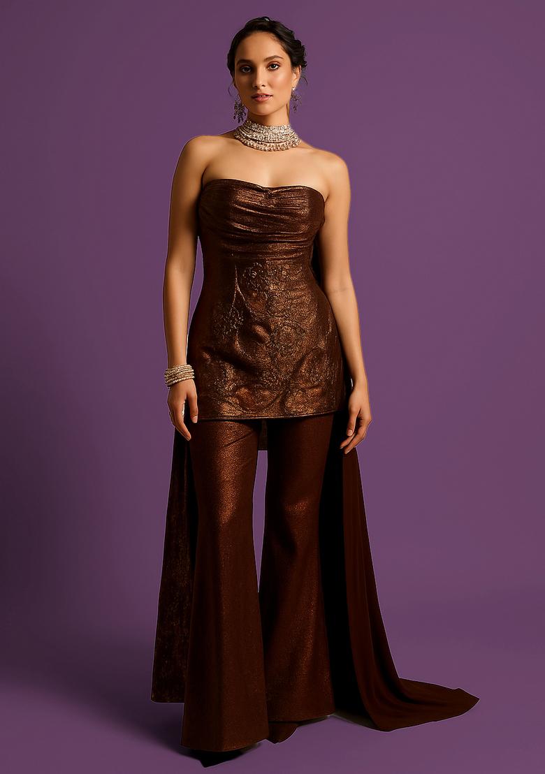 Brown Foil Printed Sharara Set