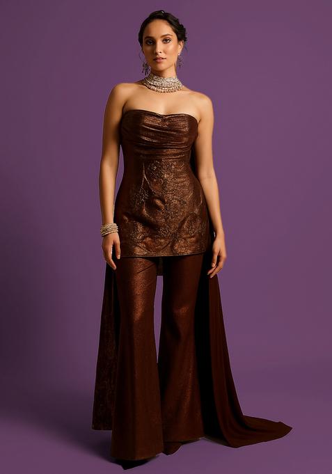 Brown Foil Printed Sharara Set