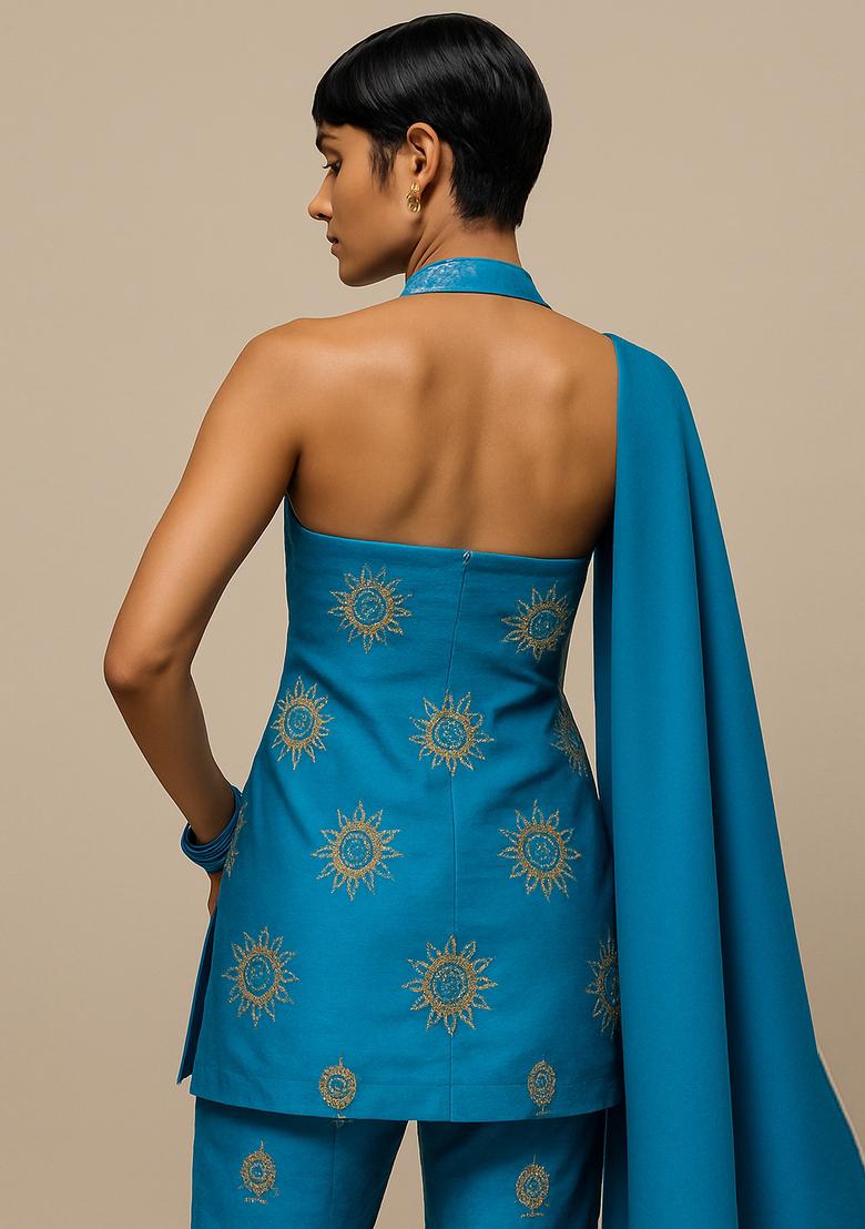 Blue Printed Silk Sharara Set - Indya