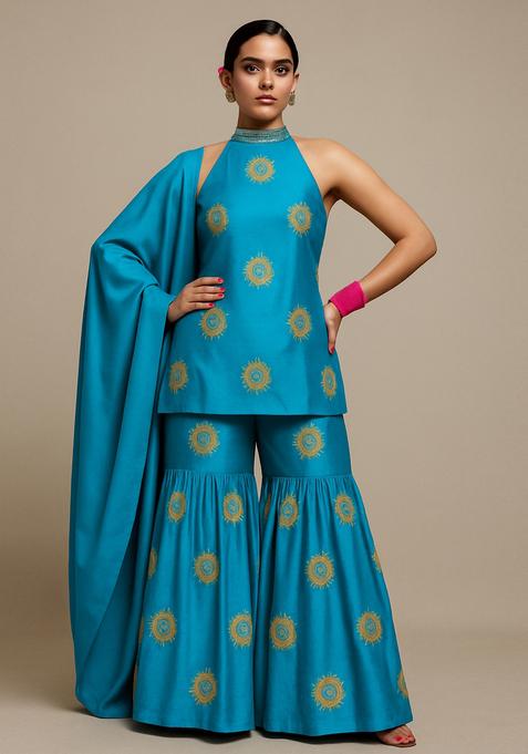 Blue Sequin Embroidered Silk Sharara Set