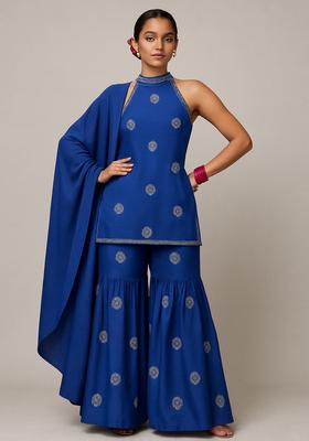 Blue Embroidered Silk Sharara Set